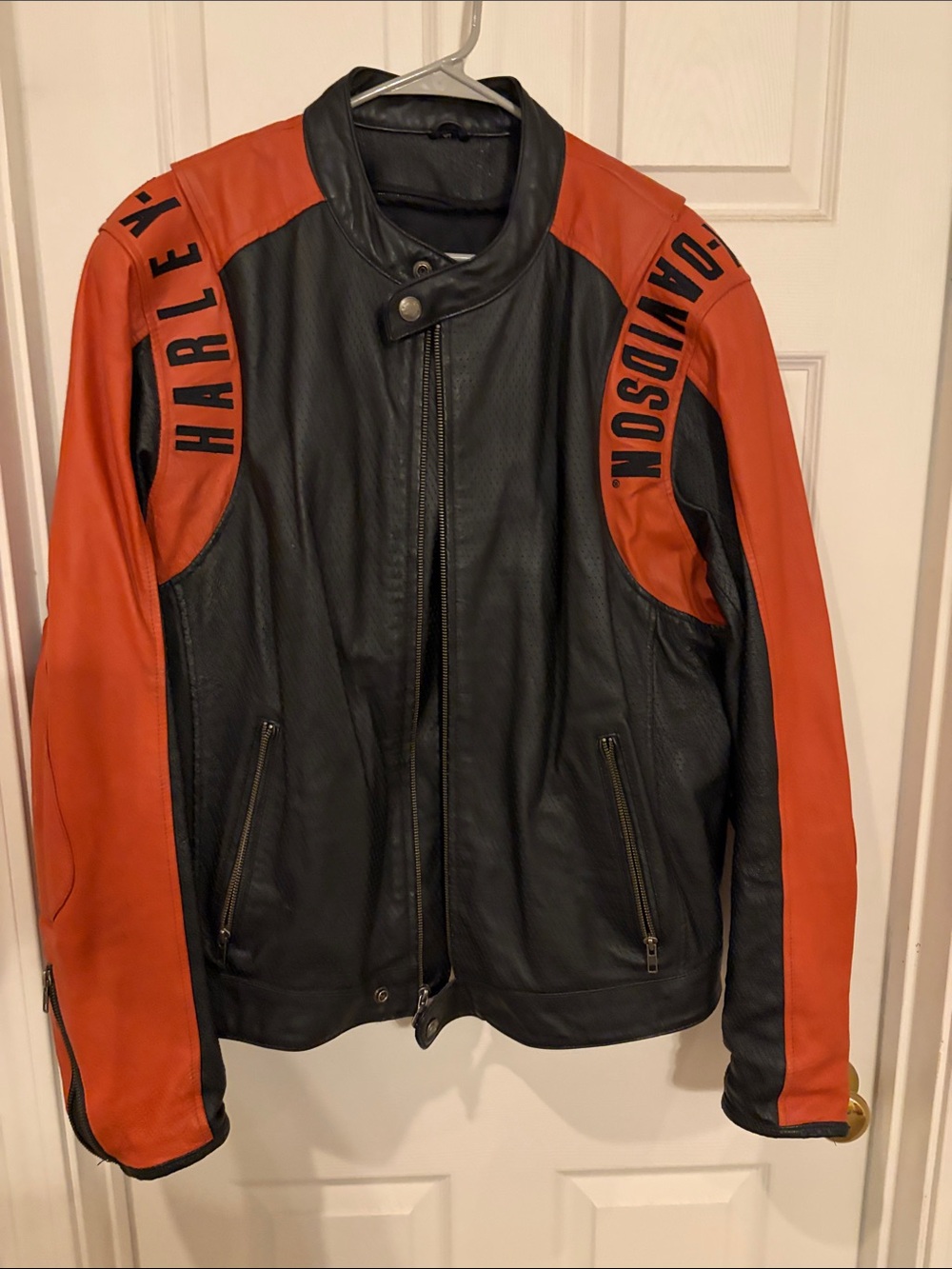 Harley-Davidson Men's Black & Orange Leather Motorcycle Jacket - Picture 2 of 4